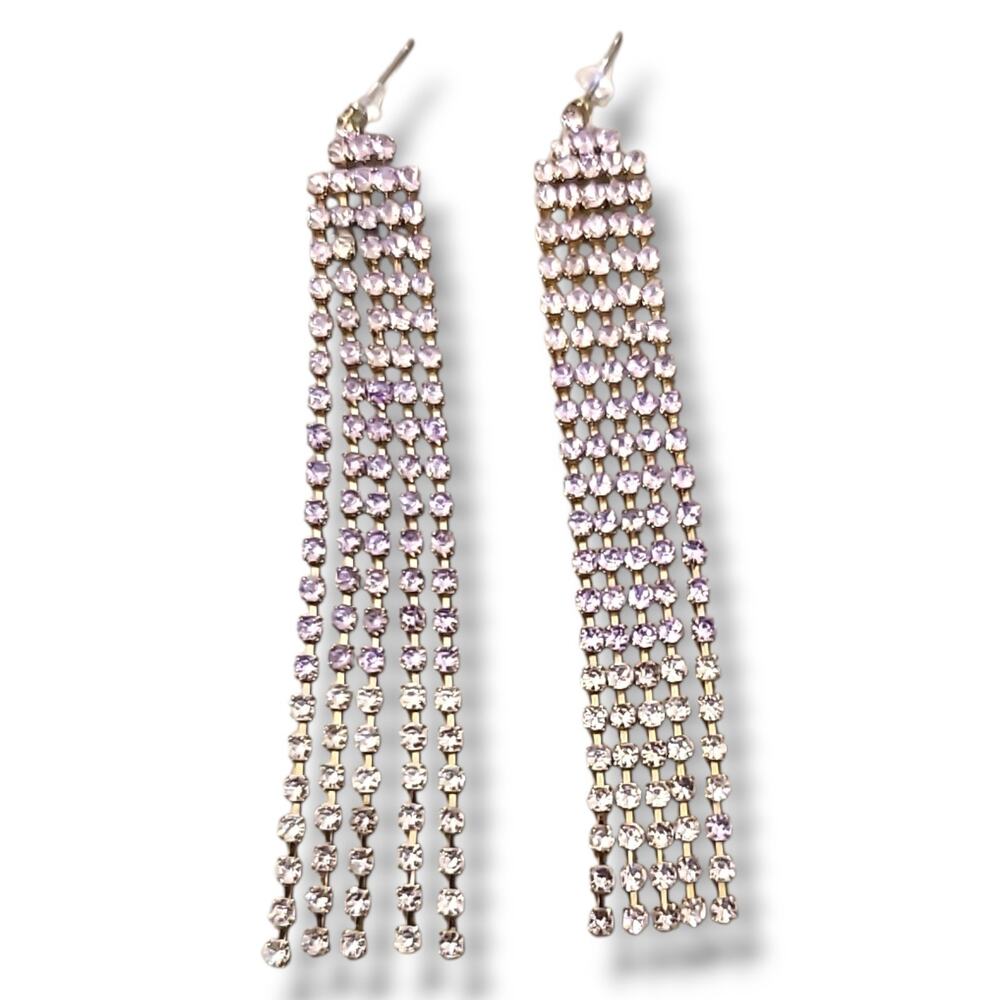 Long Purple & Silver‎ Tone Rhinestone Waterfall Chandelier Dangle Earrings 4" - Picture 2 of 7